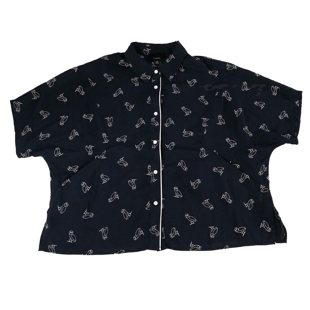 Lumiere Navy White Owl Print Short Sleeve Button Down Blouse Size Medium